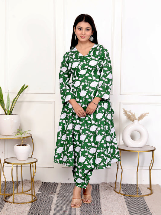 Green Block Print Floral Wrap Style Cotton Outfit – Set of 2