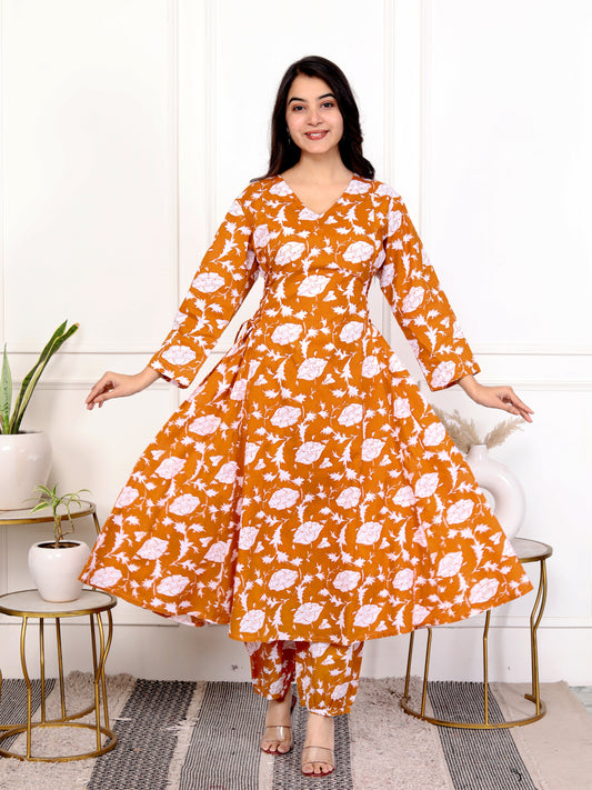 Rust Orange Block Print Floral Printed Cotton Outfit with Side Tie-Up – Stylish Set of 2