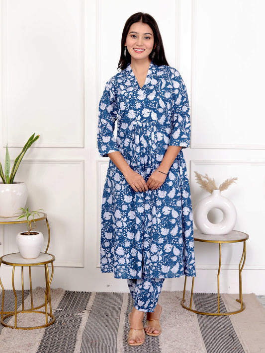 Navy Blue Block Print Floral Cotton Kurta-Set of 2