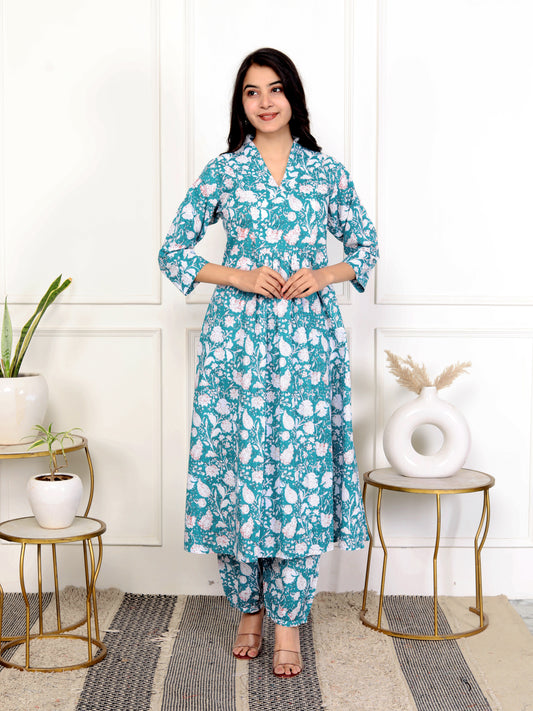 Teal Blue Block Print Floral Cotton Kurta-Set of 2