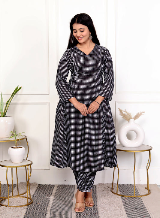 Black & White Checked Block Print Cotton Outfit with Side Tie-Up – Elegant Set of 2