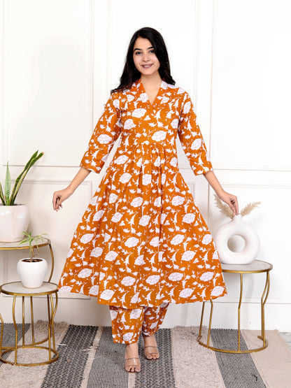 Rust Orange Block Print Floral Cotton Kurta-Set of 2