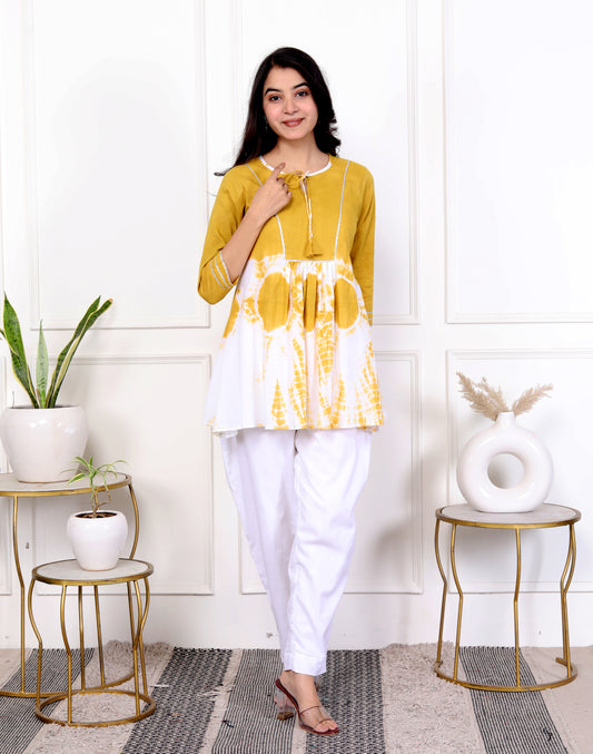 Mustard Yellow & White Tie-Dye Cotton Outfit with Front Tie Detailing – Set of 2