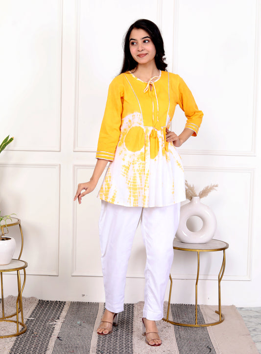 Yellow & White Tie-Dye Cotton Kurti-Set of 2