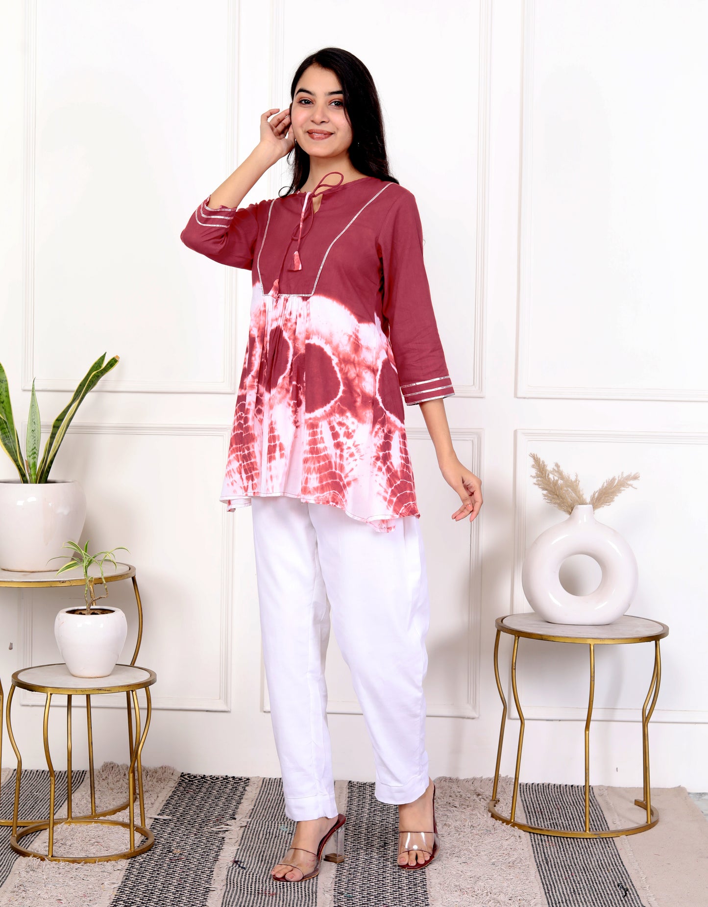 Maroon Tie-Dye Cotton Outfit with Front Tie Detailing – Stylish Set of 2