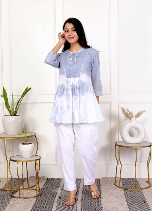 Blue & White Tie-Dye Cotton Kurti-Set of 2