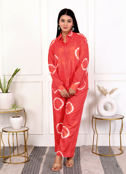 Coral Red Tie-Dye Cotton Outfit – Stylish Co-ord Set