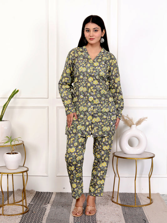 Yellow and Grey Block Print Floral Cotton Outfit – Stylish and Comfortable Co-ord Set