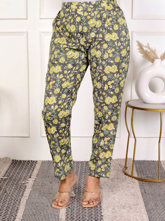 Olive Green Floral Printed Pants