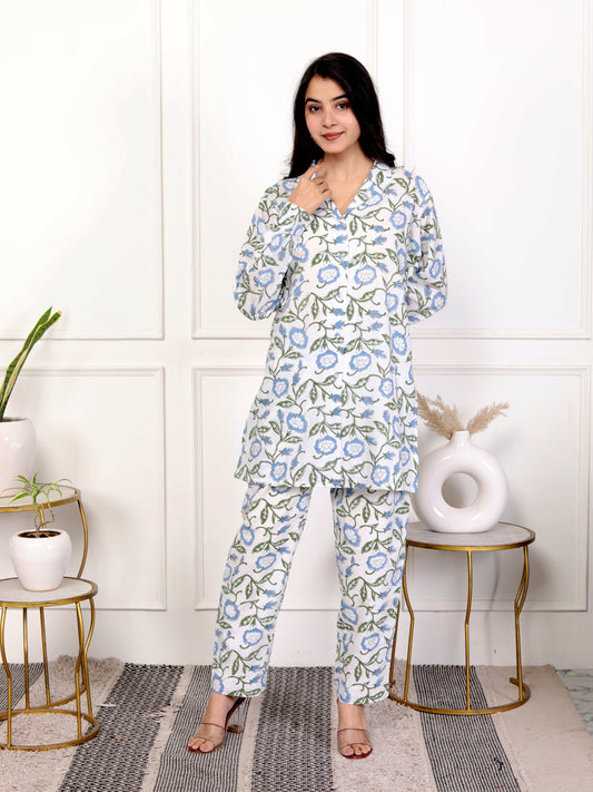 Block Print Floral Cotton V-Neck Outfit – Stylish and Comfortable Co-ord Set