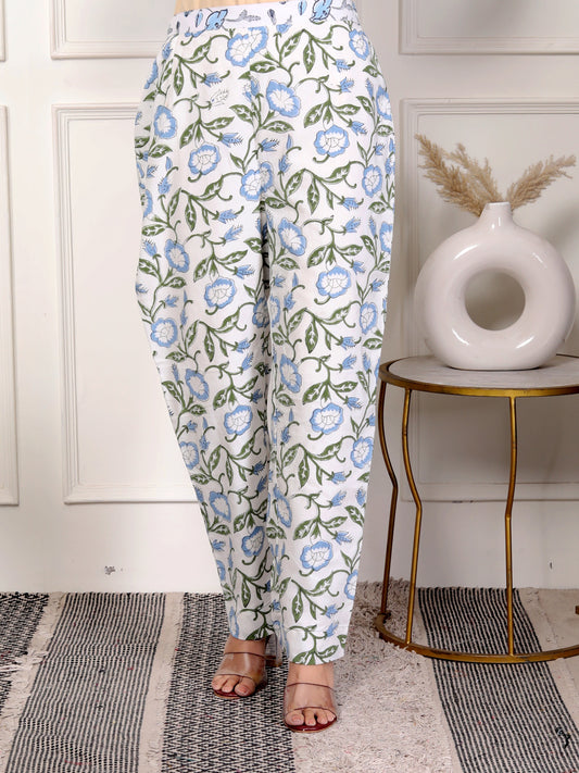 White and Blue Floral Printed Straight Pants