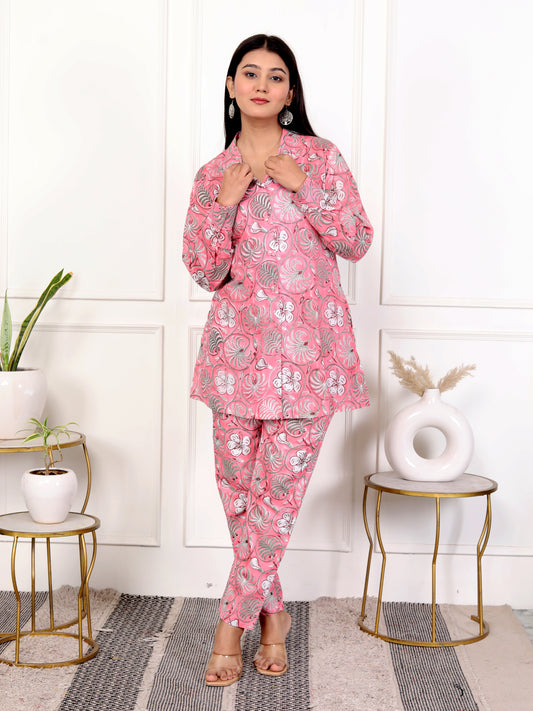 Pink Block Print Floral Cotton Co-Ord Set