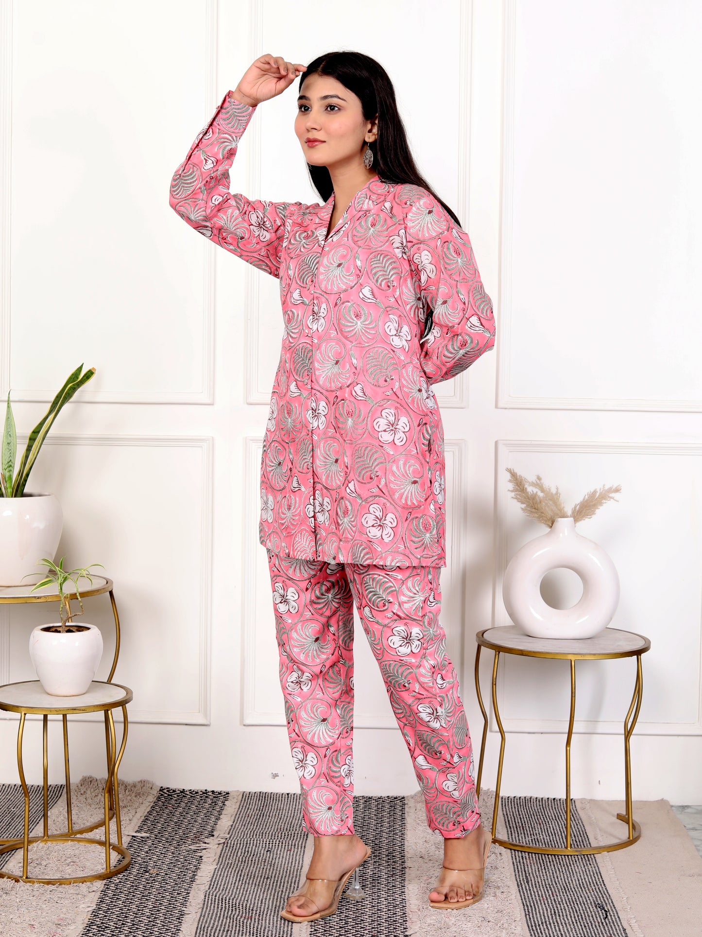 Pink Block Print Floral Cotton Co-Ord Set