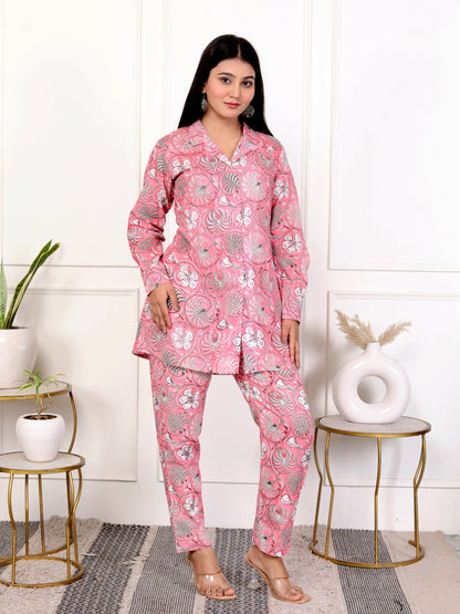 Pink Block Print Floral Cotton Co-Ord Set