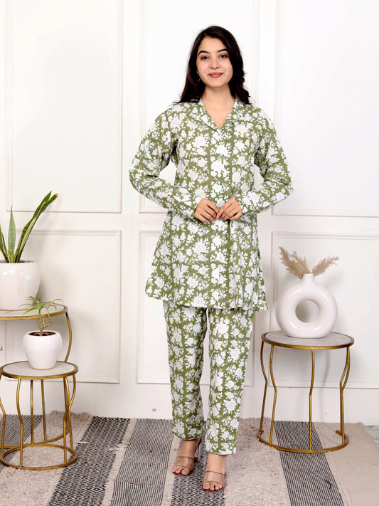 Olive Green Block Print Floral Cotton Co-Ord Set