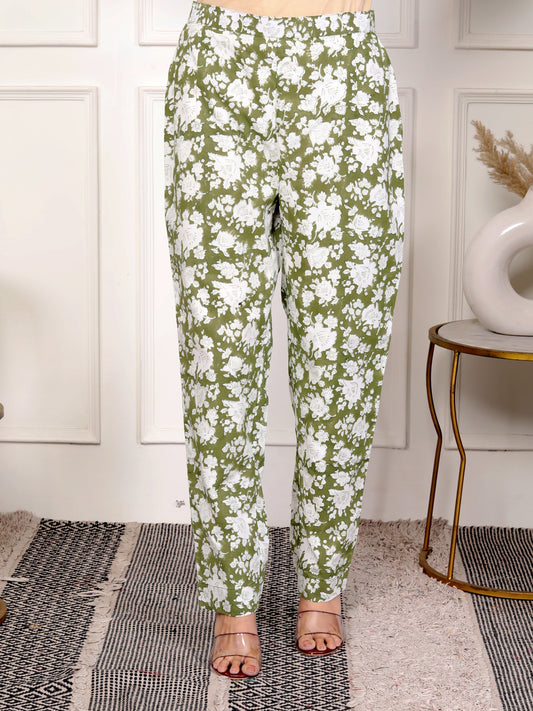 Olive Green Floral Straight Pants