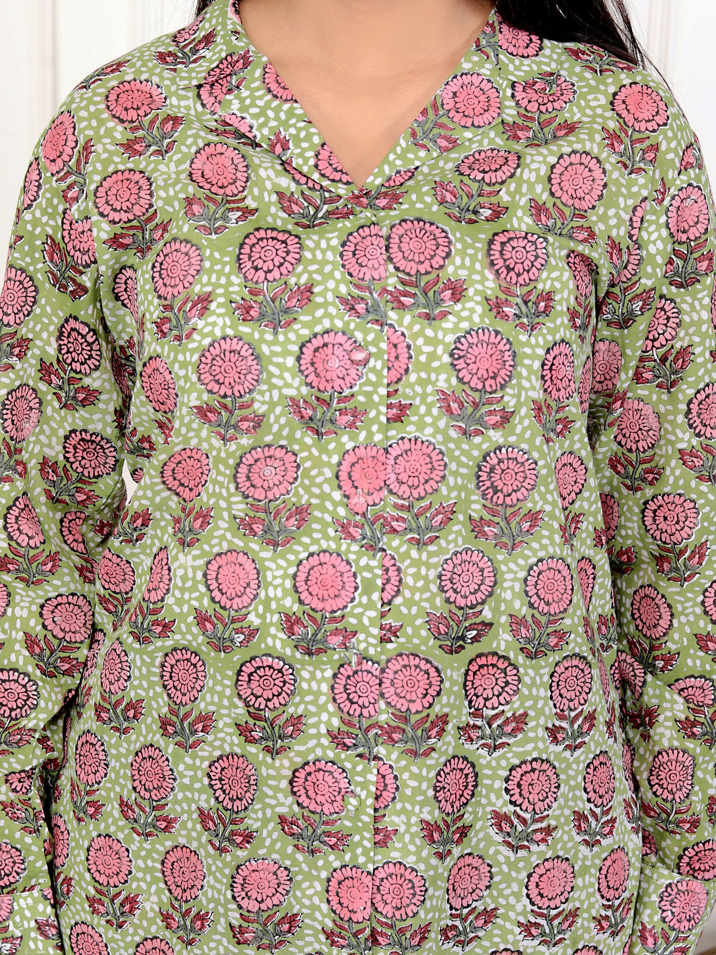 Pink & Green Block Print Floral Cotton Co-Ord Set