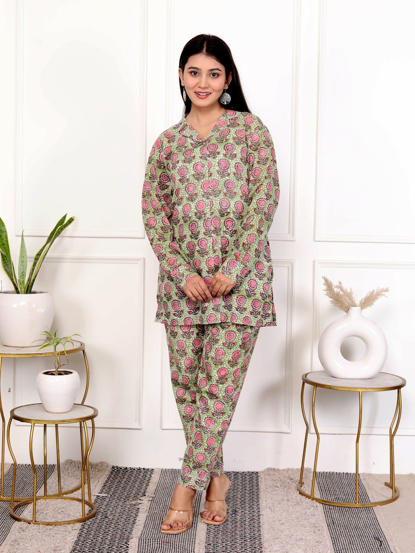 Pink & Green Block Print Floral Cotton Co-Ord Set