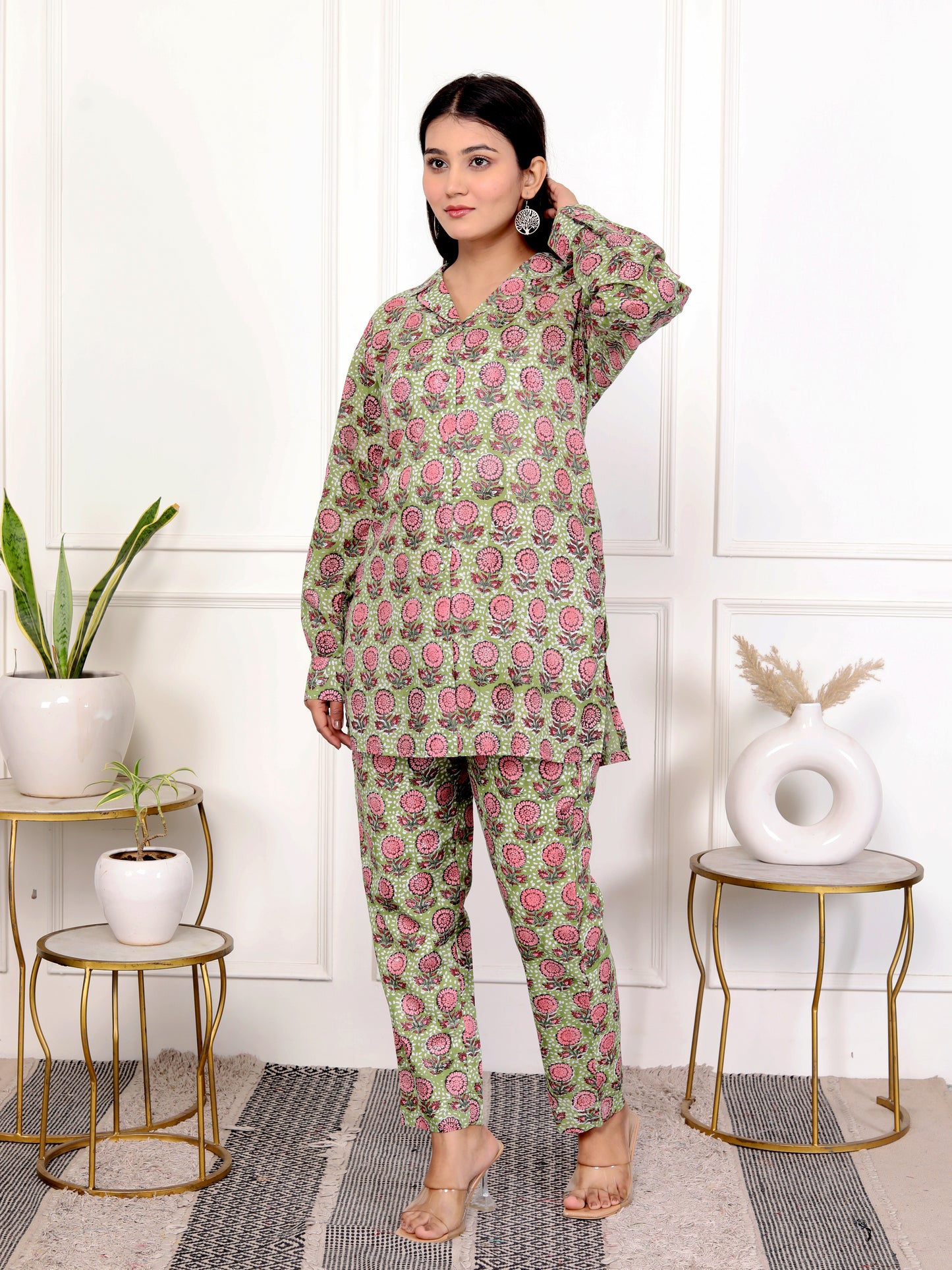 Pink & Green Block Print Floral Cotton Co-Ord Set