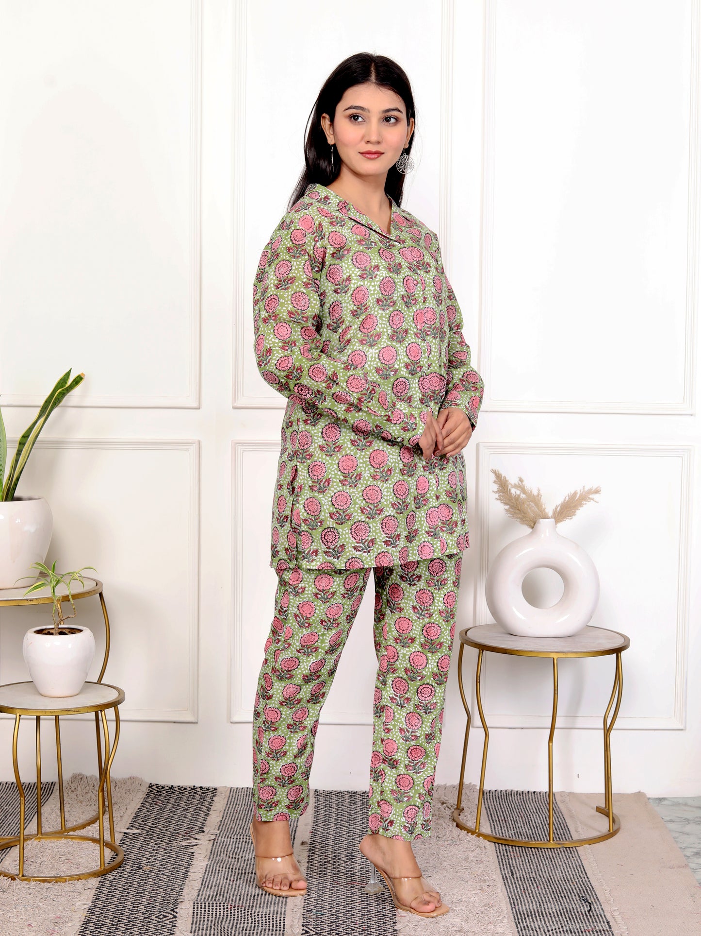 Pink & Green Block Print Floral Cotton Co-Ord Set