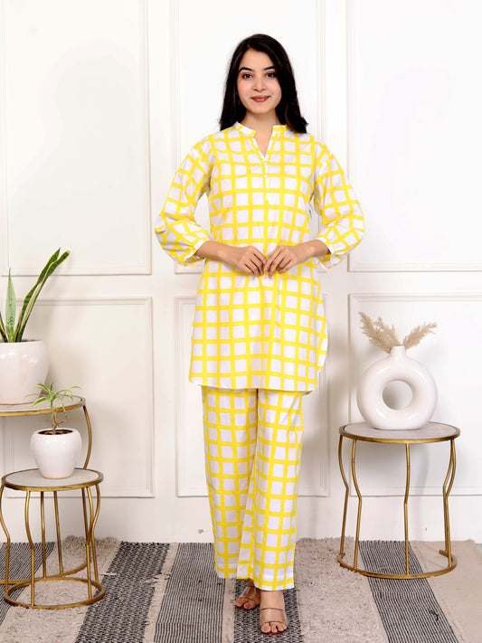 Yellow & White Block Print Checkered Cotton Co-Ord Set