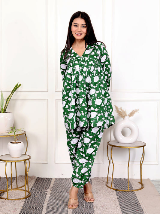 Green Block Print Floral Cotton Co-Ord Set