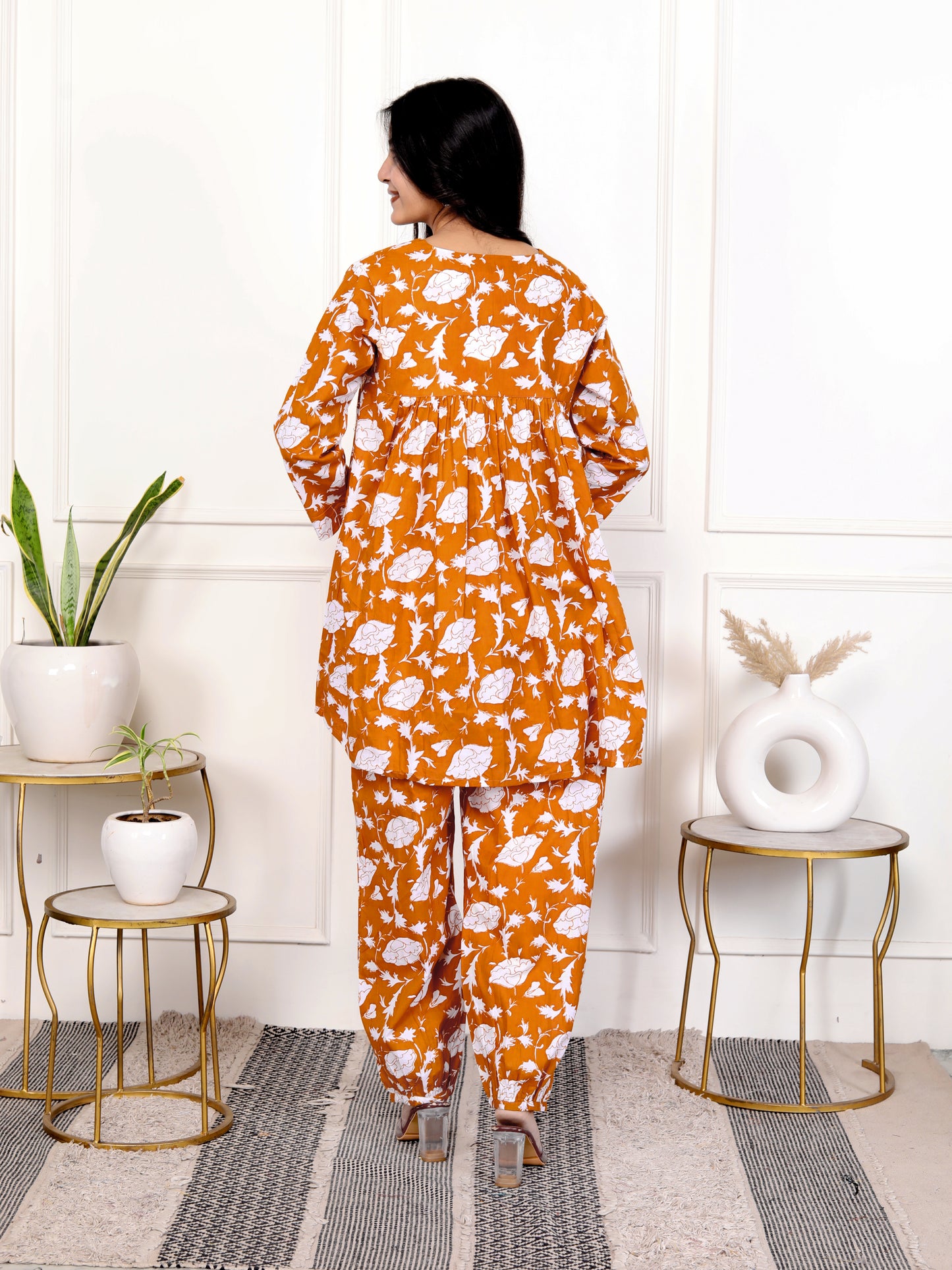 Rust Orange Block Print Floral Cotton Co-Ord Set