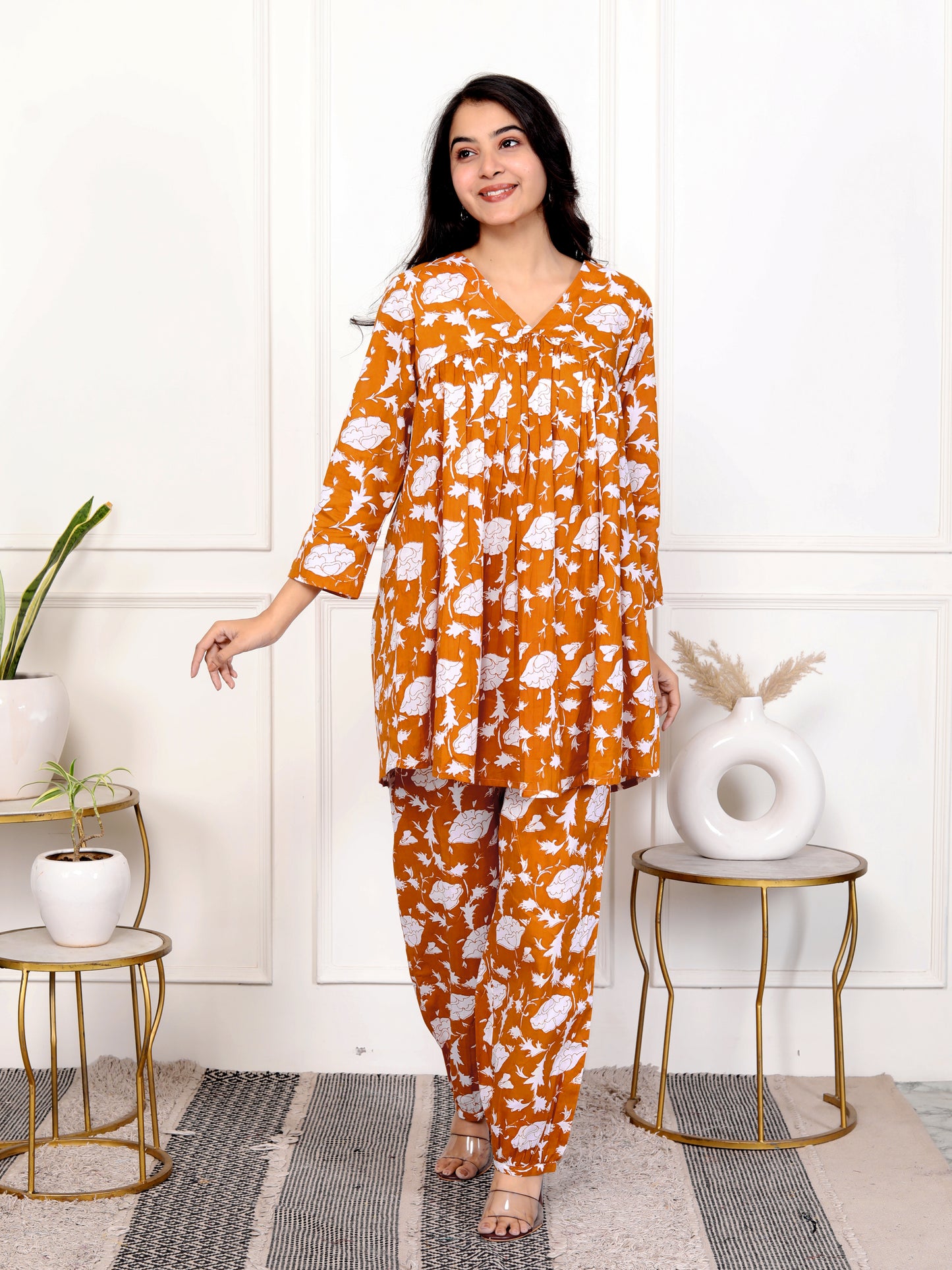 Rust Orange Block Print Floral Cotton Co-Ord Set