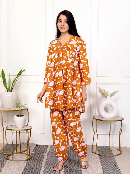 Rust Orange Block Print Floral Cotton Co-Ord Set