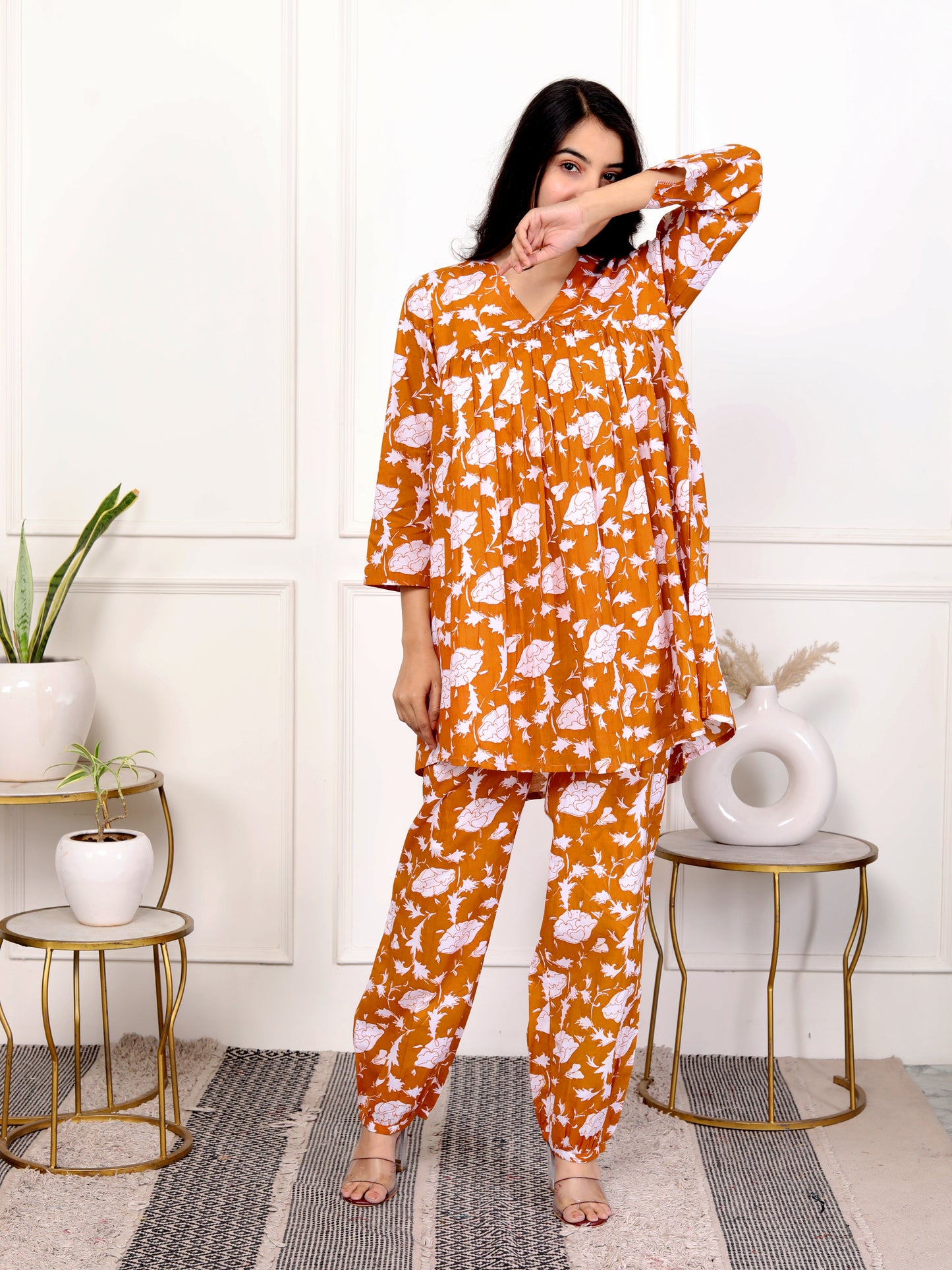 Rust Orange Block Print Floral Cotton Co-Ord Set