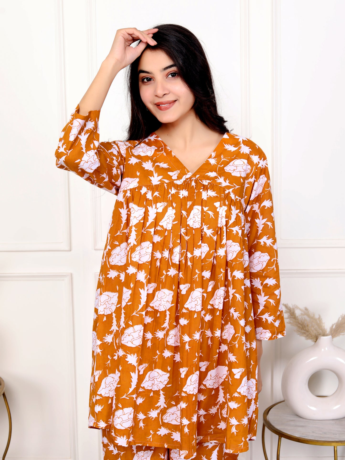 Rust Orange Block Print Floral Cotton Co-Ord Set