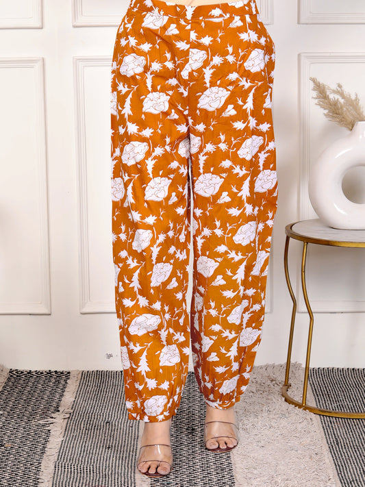 Rust Orange Floral Printed Jogger Pants