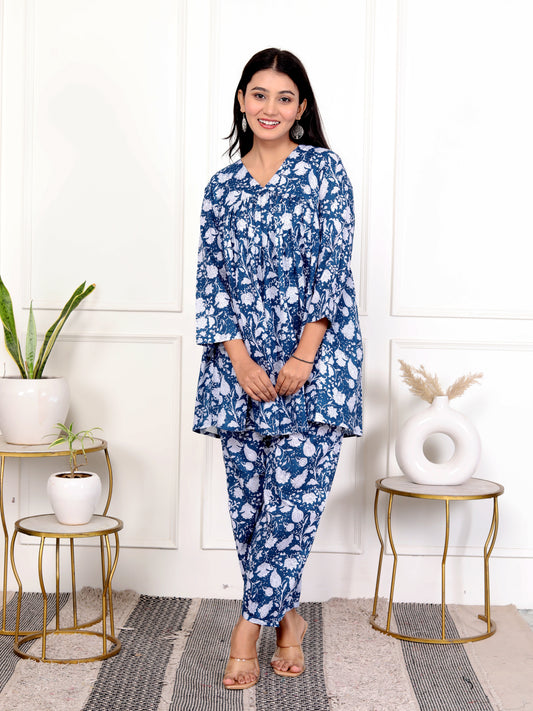 Elegant Blue Block Print Floral Cotton Outfit – Comfortable and Stylish Co-ord Set