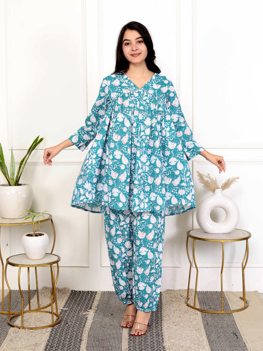 Turquoise Block Print Floral Cotton Co-Ord Set