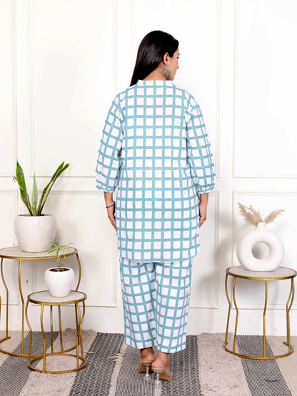 Sky Blue & White Block Print Checked Cotton Outfit – V-Neck Co-ord Set