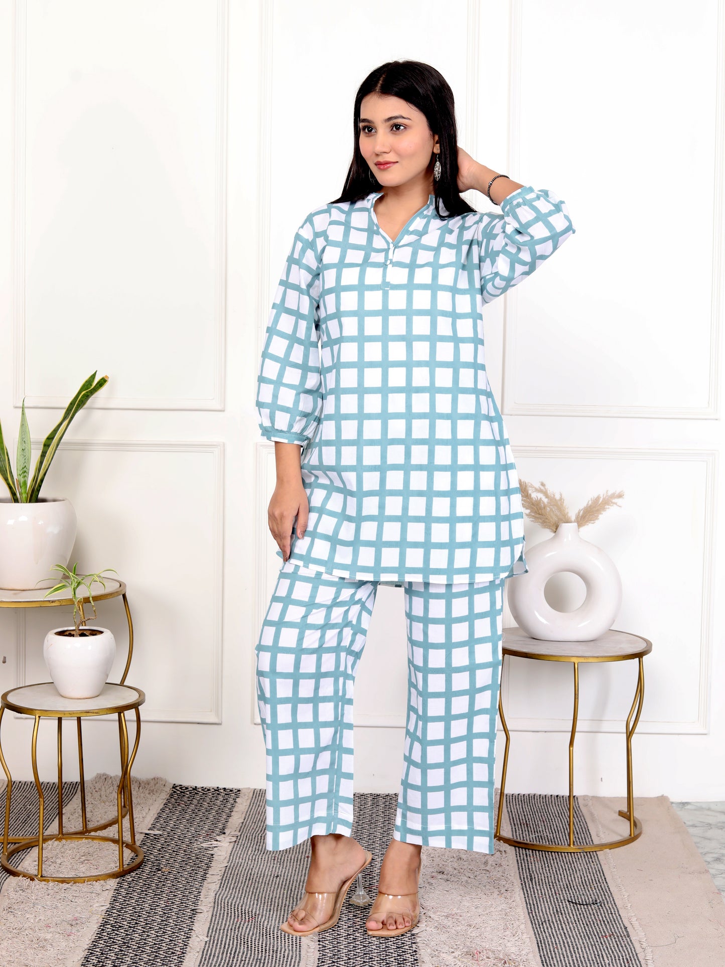 Sky Blue & White Block Print Checked Cotton Outfit – V-Neck Co-ord Set