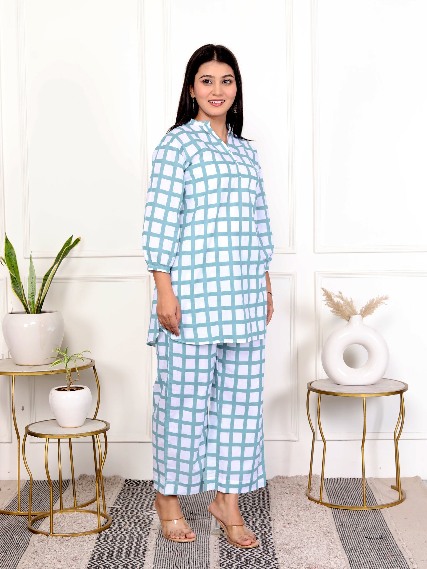 Sky Blue & White Block Print Checked Cotton Outfit – V-Neck Co-ord Set