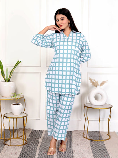 Sky Blue & White Block Print Checked Cotton Outfit – V-Neck Co-ord Set