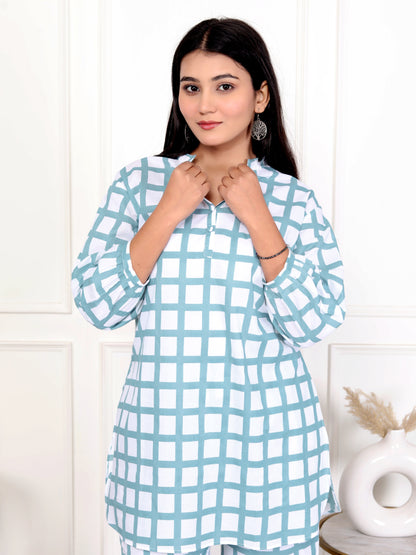 Sky Blue & White Block Print Checked Cotton Outfit – V-Neck Co-ord Set