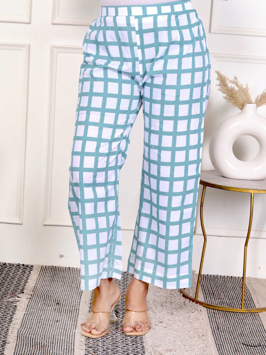 Teal Grid Pattern Straight Pants