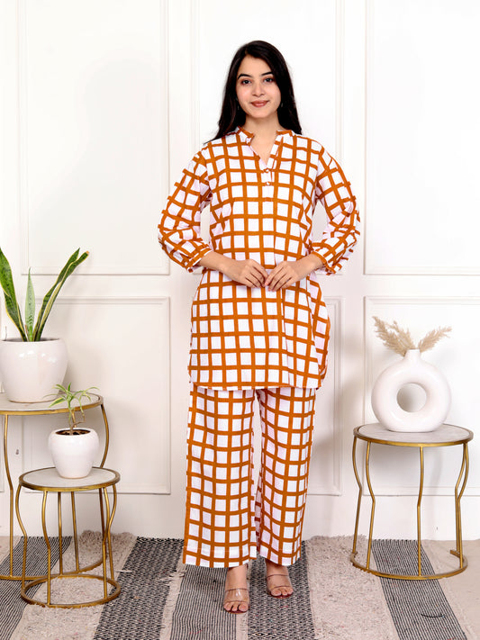 Rust Orange Block Print Grid Cotton Co-Ord Set