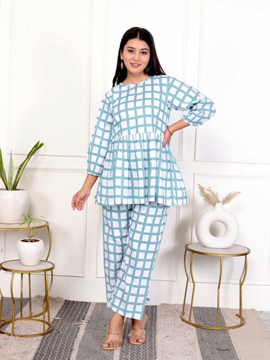 Sky Blue & White Block Print Checked Cotton Outfit – Round Neck Co-ord Set