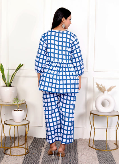 Royal Blue Block Print Grid Cotton Co-Ord Set