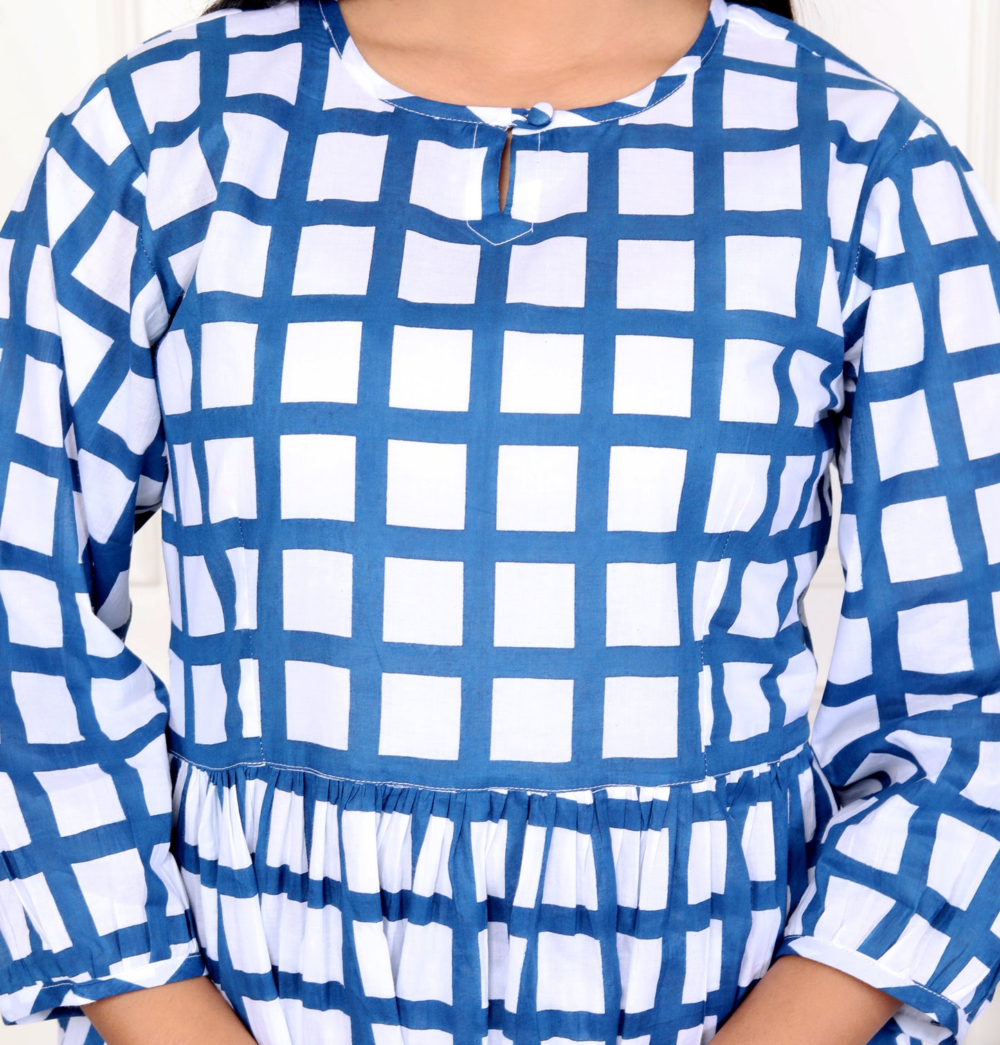 Blue Block Print Checkered Round Neck Effortless Style Co-ord Set