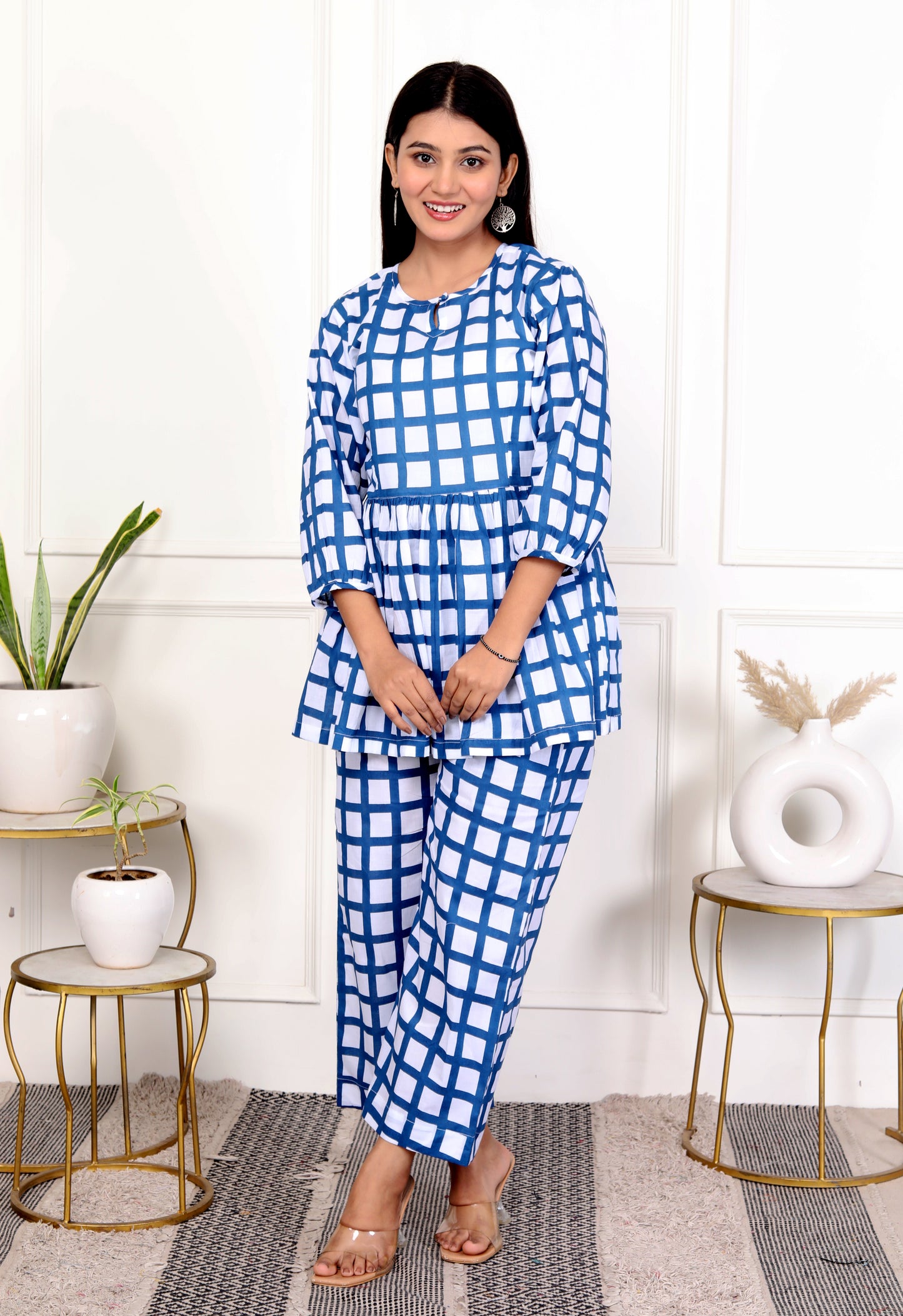 Royal Blue Block Print Grid Cotton Co-Ord Set