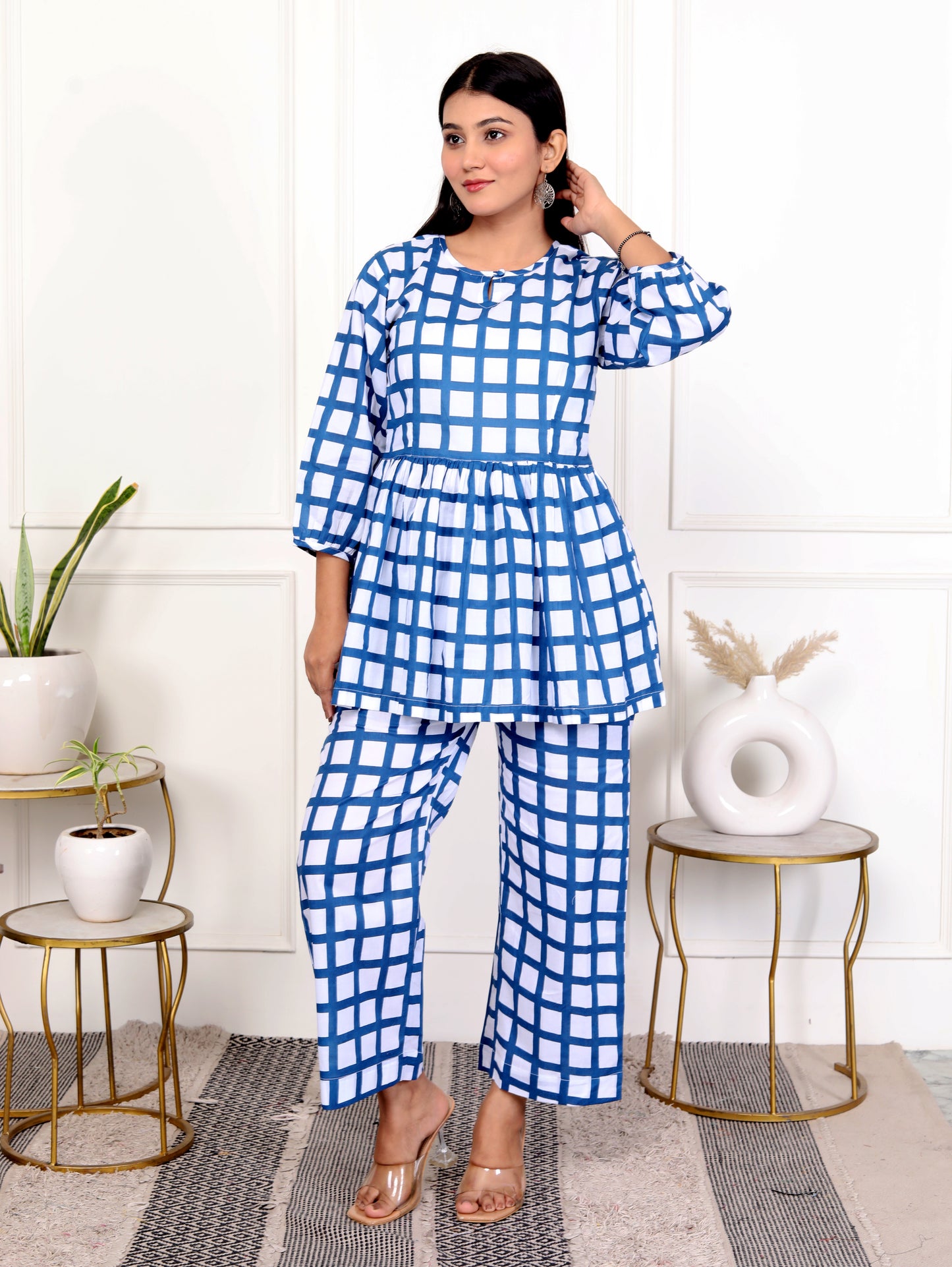 Royal Blue Block Print Grid Cotton Co-Ord Set