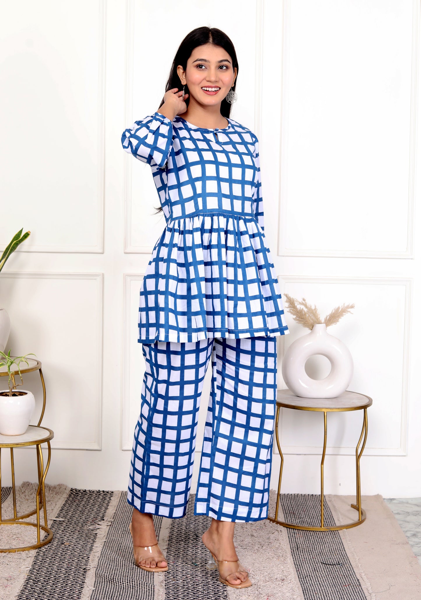 Royal Blue Block Print Grid Cotton Co-Ord Set