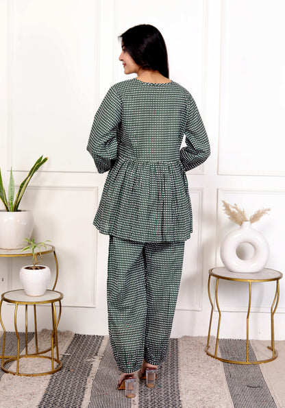 Timeless Green Block Print Checkered Cotton Outfit Co-ord Set