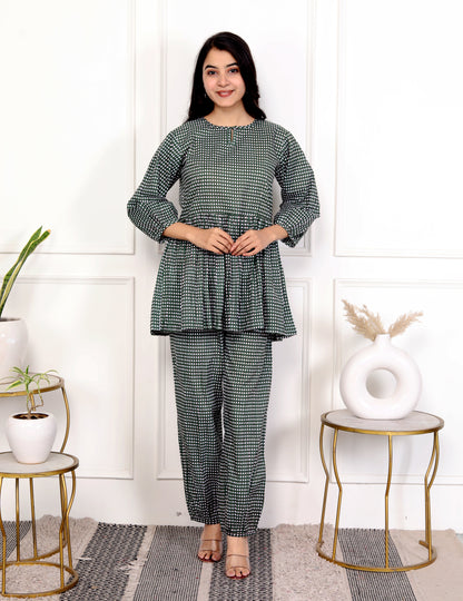 Timeless Green Block Print Checkered Cotton Outfit Co-ord Set