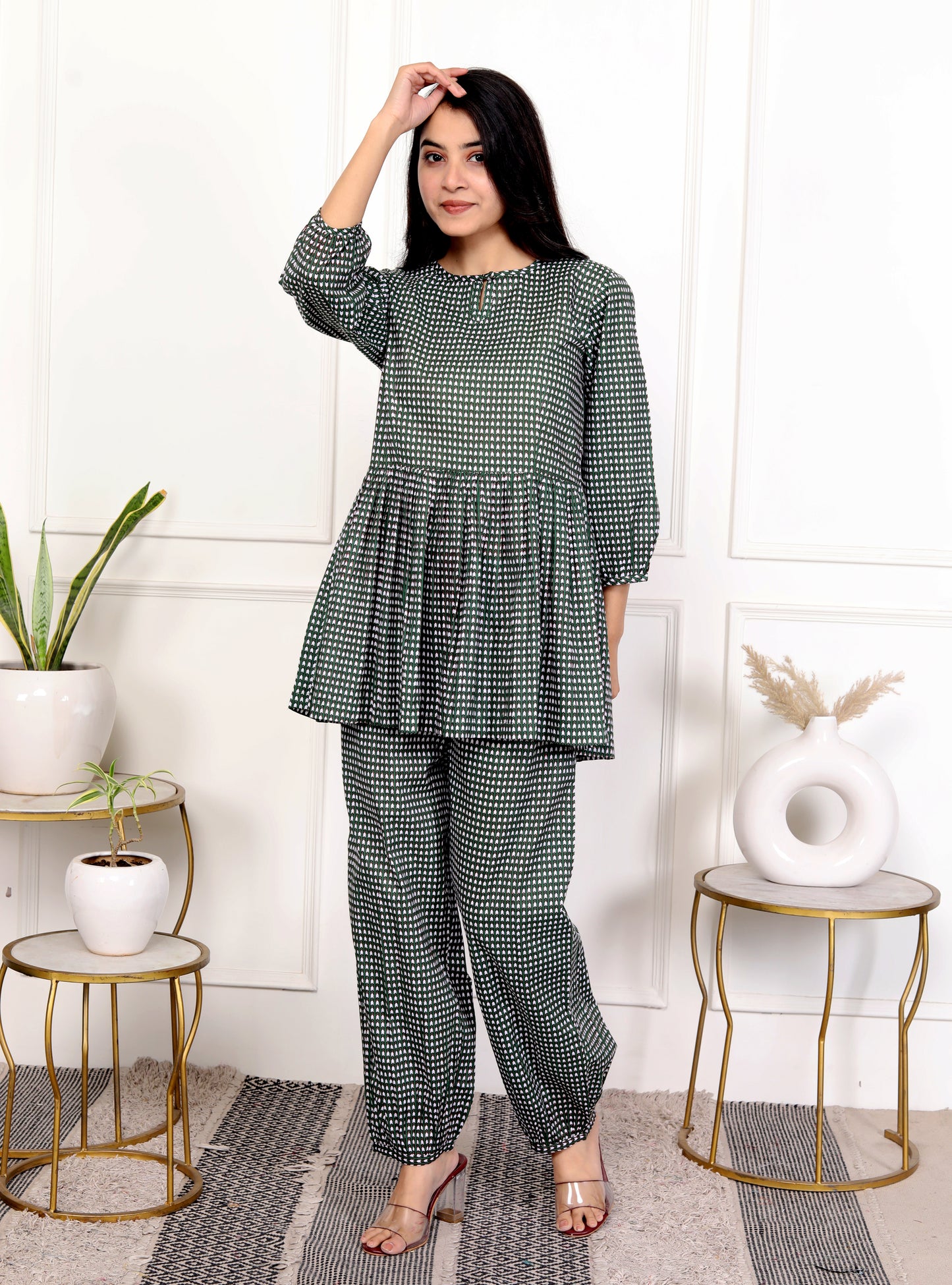 Timeless Green Block Print Checkered Cotton Outfit Co-ord Set